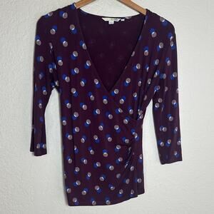 Boden Plum Wrap Top Polka Dots Phoebe Buffay Friends 3/4 Sleeve Fall Y2K 8P